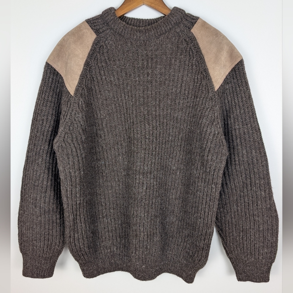 Woolyback English Wool Crewneck Sweater Heavyweight Knit Suede Elbow Patches